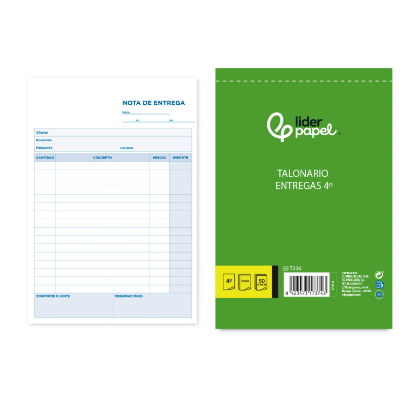 Talonario liderpapel entregas cuarto original y copia t226