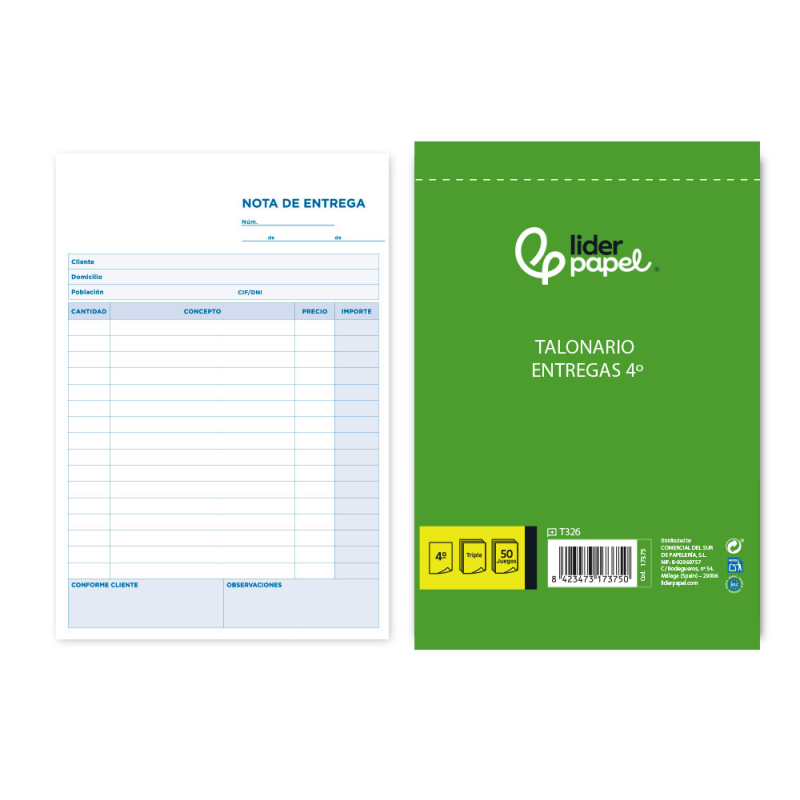 Talonario liderpapel entregas cuarto original y 2 copias t326