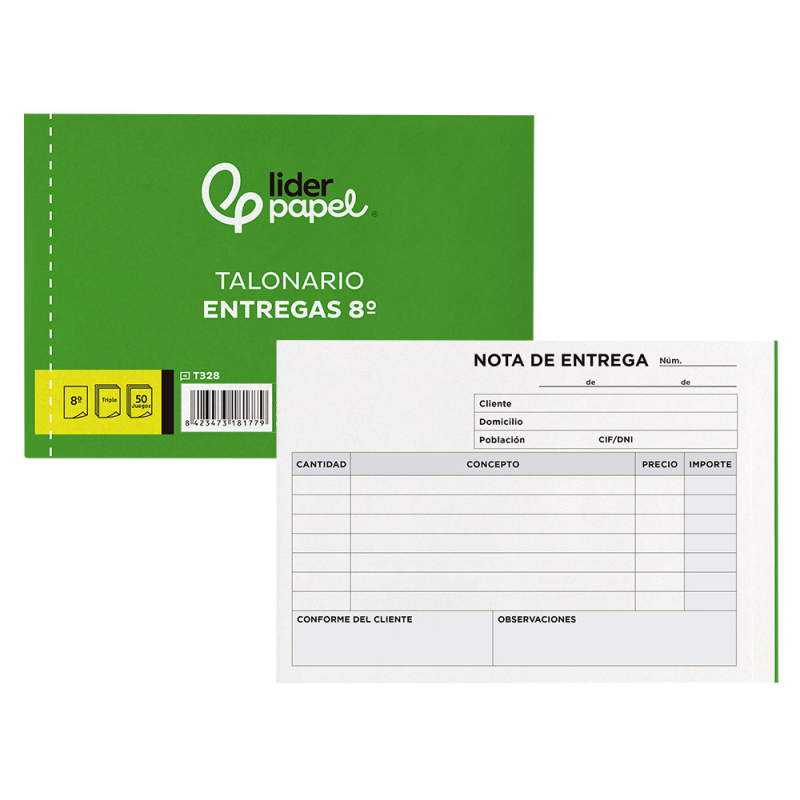 Talonario liderpapel entregas 8º original y 2 copias t328 apaisado
