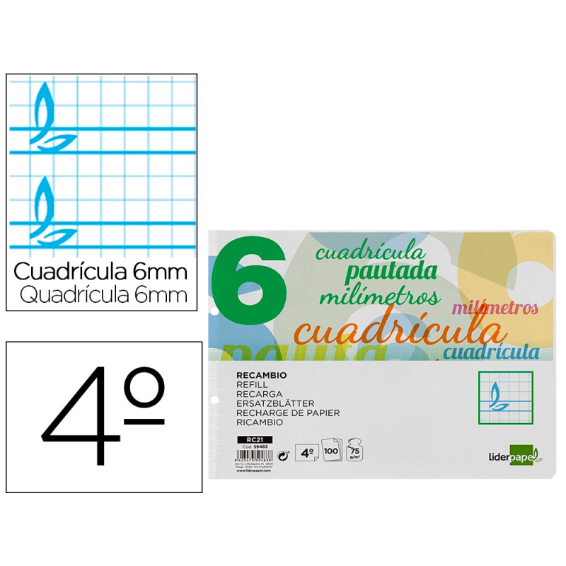 Recambio liderpapel cuarto apaisado pautaguia 100 hojas 75gr cuadriculado pautado 6mm con margen 2 taladros