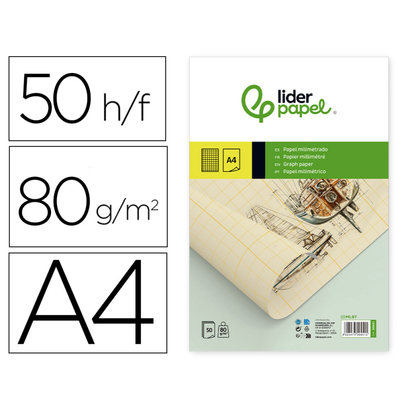 Bloc papel milimetrado liderpapel encolado 210x297 mm 50 hojas 80g/m2