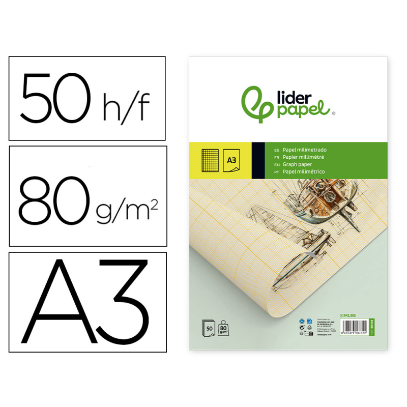 Bloc papel milimetrado liderpapel encolado 297x420 mm 50 hojas 80g/m2