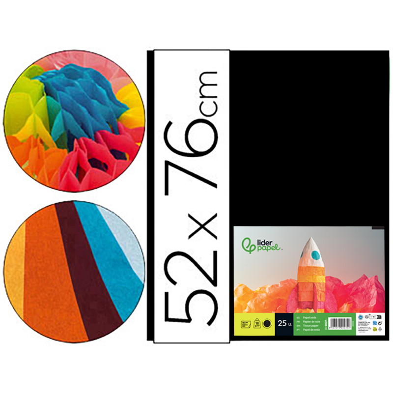 Papel seda liderpapel negro 52x76 cm 18 gr paquete de 25 hojas