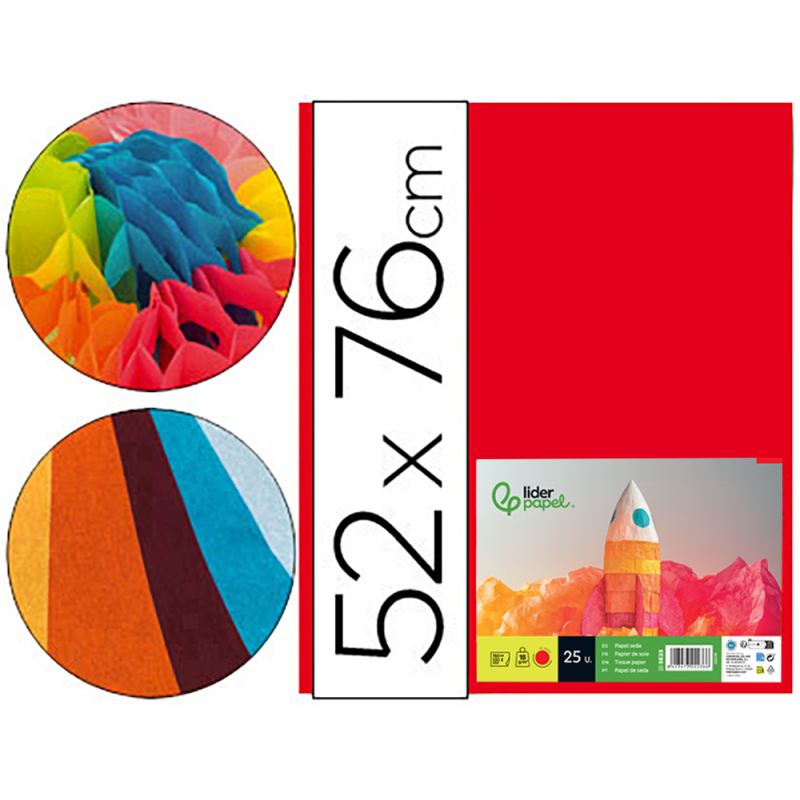 Papel seda liderpapel rojo 52x76 cm 18 gr paquete de 25 hojas