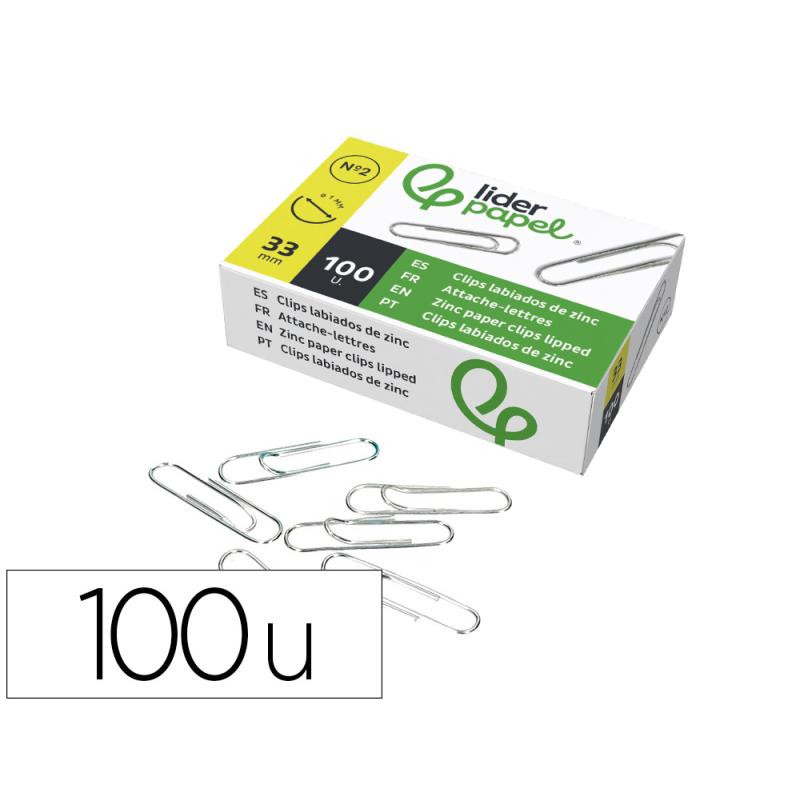 Clips liderpapel nº2 labiados 33 mm caja de 100 unidades