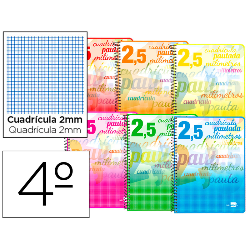 Cuaderno espiral liderpapel cuarto pautaguia tapa blanda 40h 75gr cuadro pautado 2,5mm con margen colores surtidos