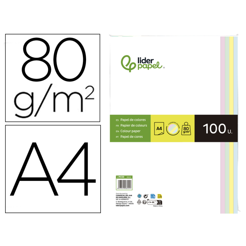 Papel color liderpapel a4 80gr 4 colores surtidos paquete de 100 hojas