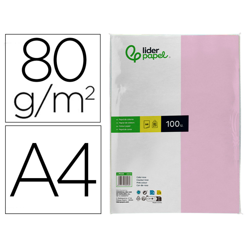Papel color liderpapel a4 80gr rosa paquete de 100 hojas