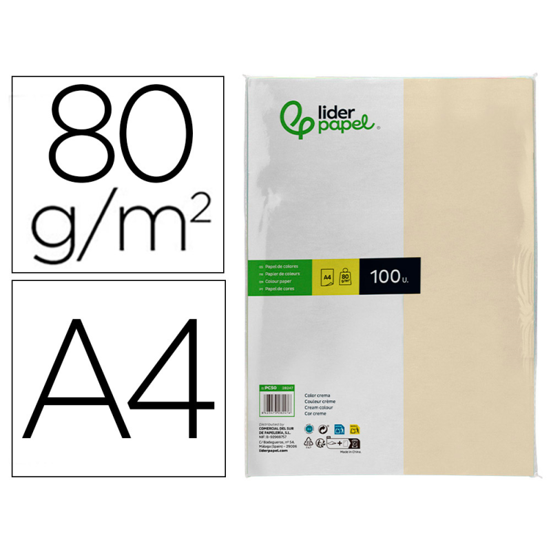 Papel color liderpapel a4 80gr crema paquete de 100 hojas