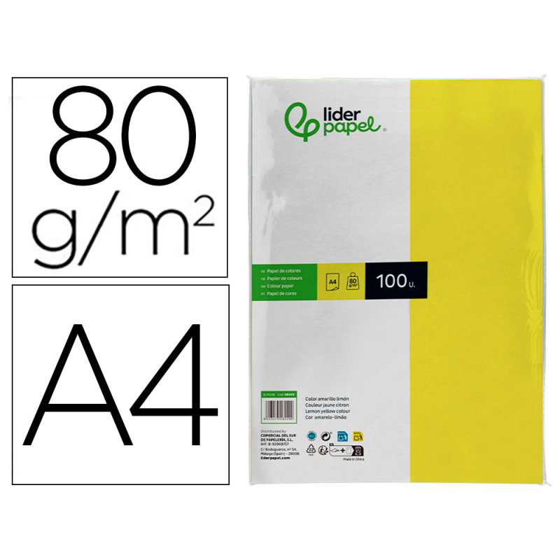Papel color liderpapel a4 80gr limon paquete de 100 hojas