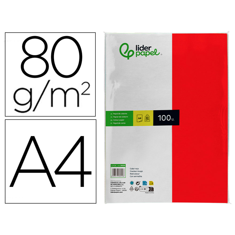 Papel color liderpapel a4 80gr rojo paquete de 100 hojas