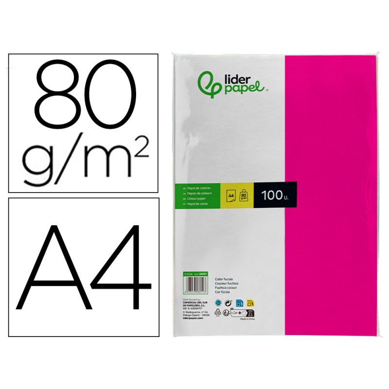 Papel color liderpapel a4 80gr fucsia paquete de 100 hojas