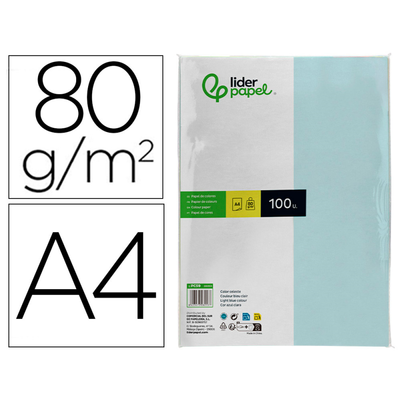 Papel color liderpapel a4 80gr celeste paquete de 100 hojas