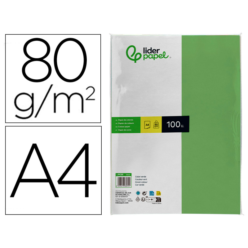 Papel color liderpapel a4 80gr verde paquete de 100 hojas