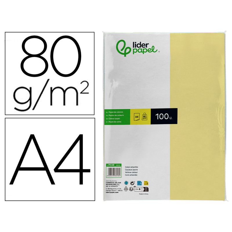 Papel color liderpapel a4 80gr amarillo paquete de 100 hojas