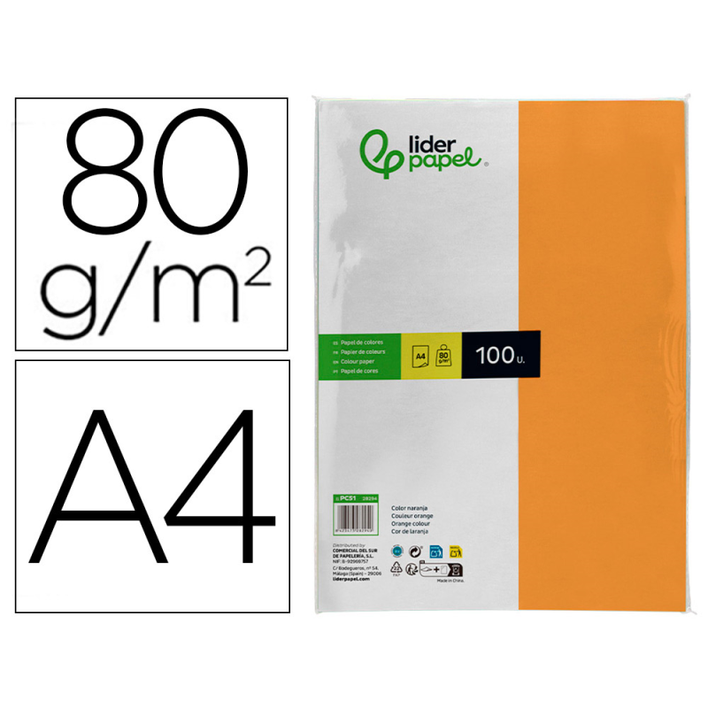 Papel color liderpapel a4 80gr naranja paquete de 100 hojas