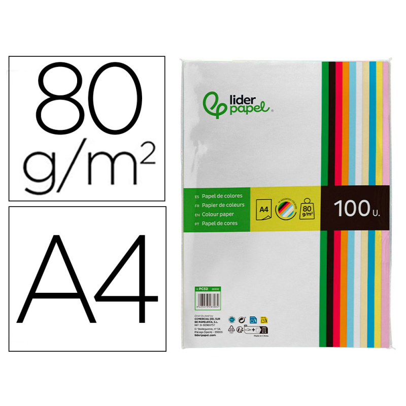 Papel color liderpapel a4 80gr 10 colores surtidos paquete de 100 hojas