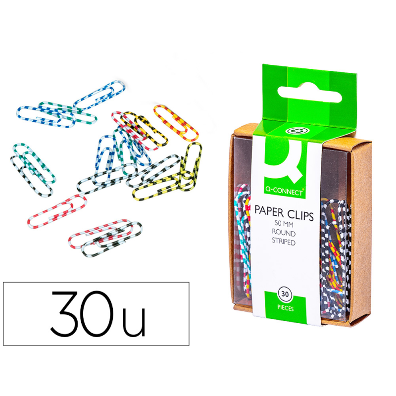 Clips colores rayados q-connect 50 mm caja de 30 unidades colores surtidos