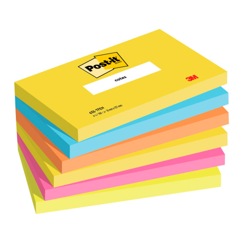 Bloc de notas adhesivas quita y pon post-it 76x127 mm neon pack de 6 blocs surtido
