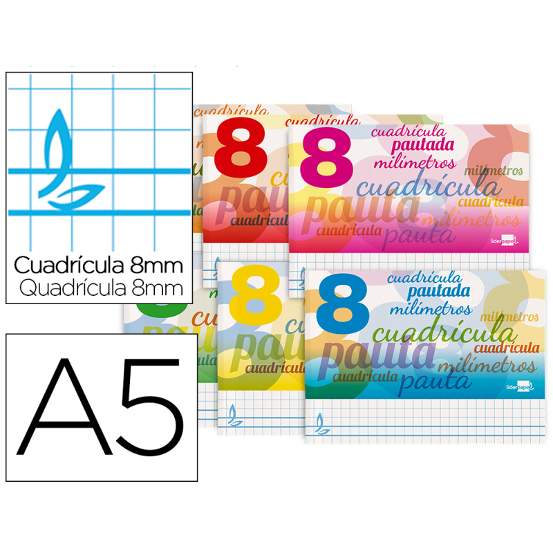 Libreta liderpapel pautaguia tapa cartoncillo 32 hojas din a5 70gr cuadriculado pautado 8 mm apaisado con margen