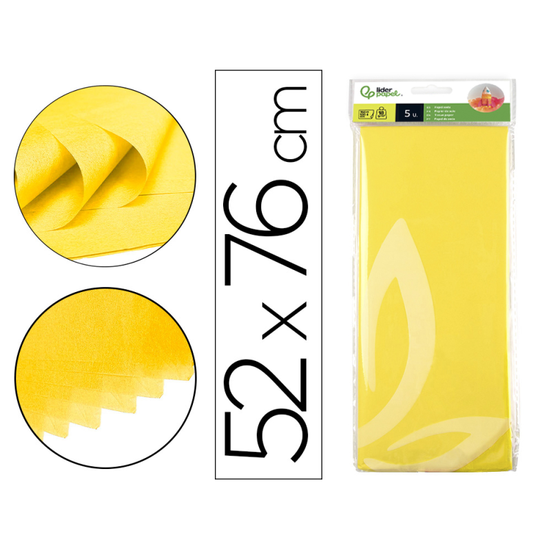 Papel seda liderpapel 52x76cm 18g/m2 bolsa de 5 hojas amarillo