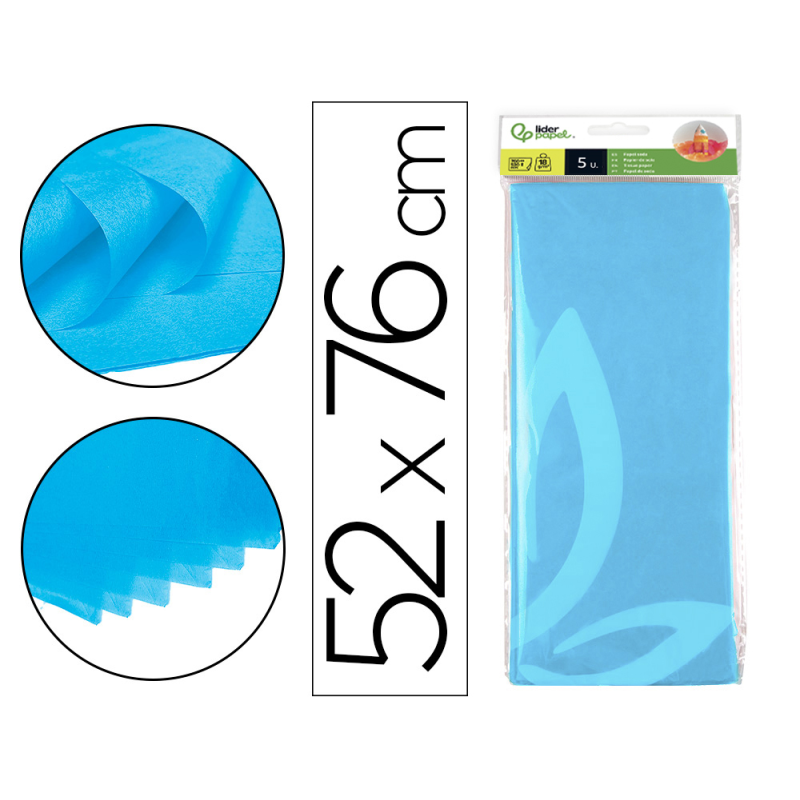 Papel seda liderpapel 52x76cm 18g/m2 bolsa de 5 hojas celeste