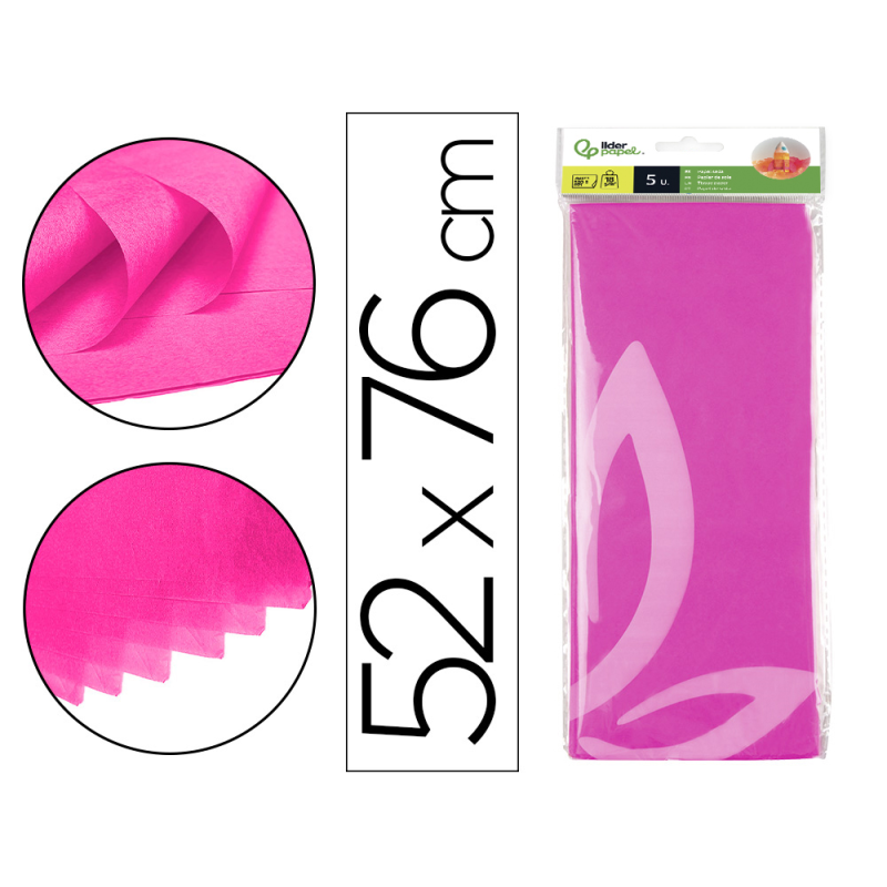 Papel seda liderpapel 52x76cm 18g/m2 bolsa de 5 hojas rosa fuerte