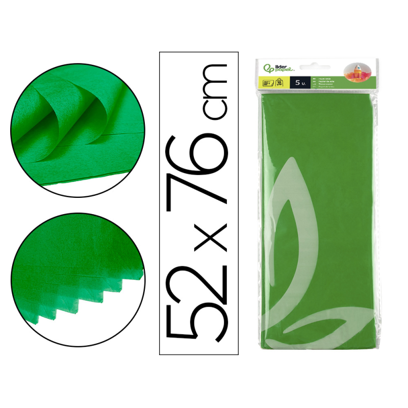 Papel seda liderpapel 52x76cm 18g/m2 bolsa de 5 hojas verde