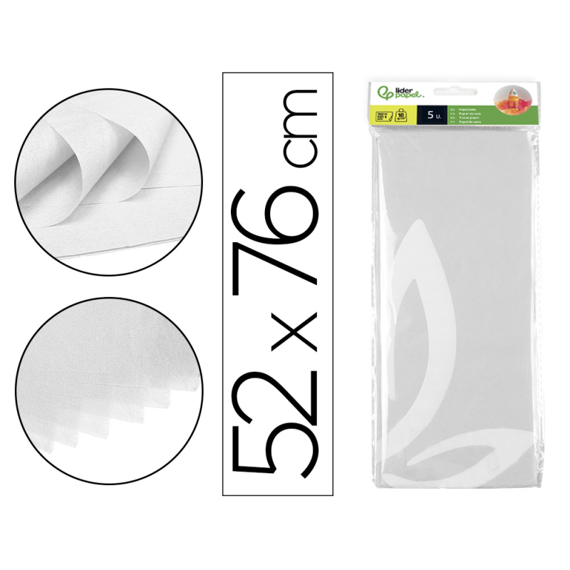 Papel seda liderpapel 52x76cm 18g/m2 bolsa de 5 hojas blanco