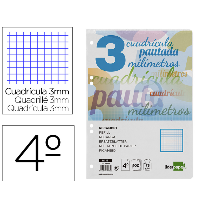 Recambio liderpapel a5 pautaguia 100 hojas 75gr cuadriculado pautado 3mm con margen 6 taladros