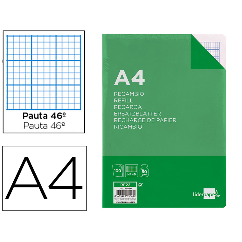 Recambio liderpapel a4 100 hojas 60gr rayado nº 46 4 taladros