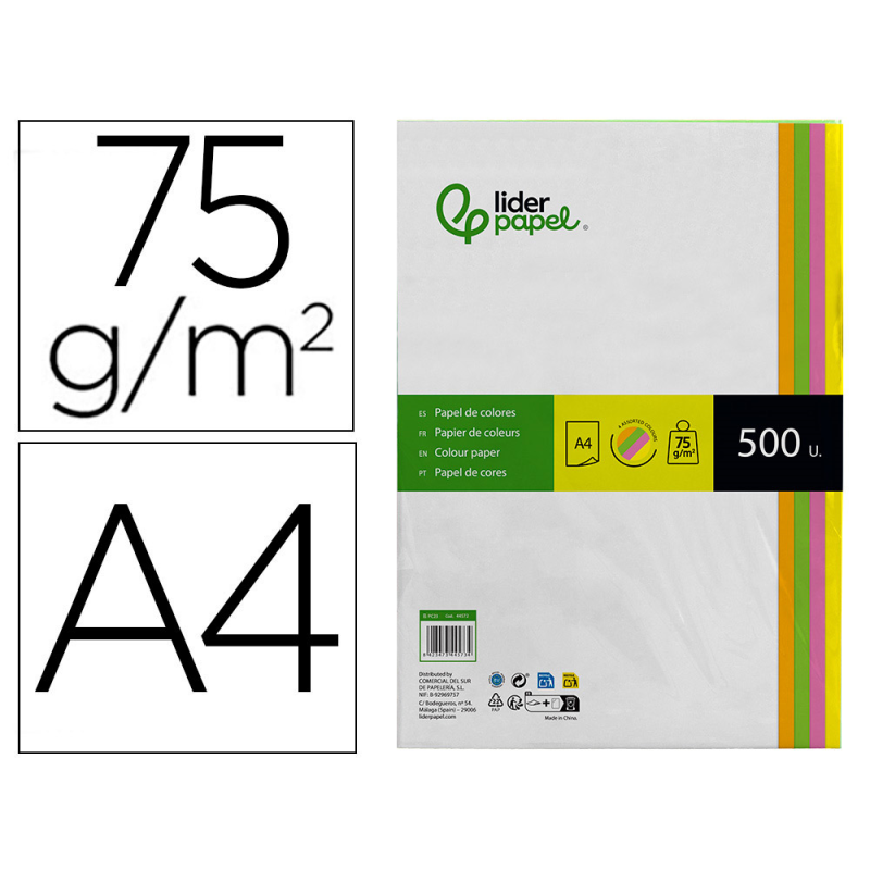 Papel color liderpapel din a4 75 gr neon 4 colores surtidos paquete de 500 hojas