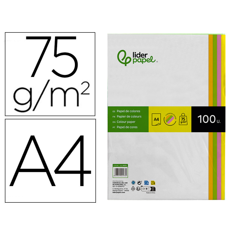 Papel color liderpapel din a4 75 gr neon 4 colores surtidos paquete de 100 hojas