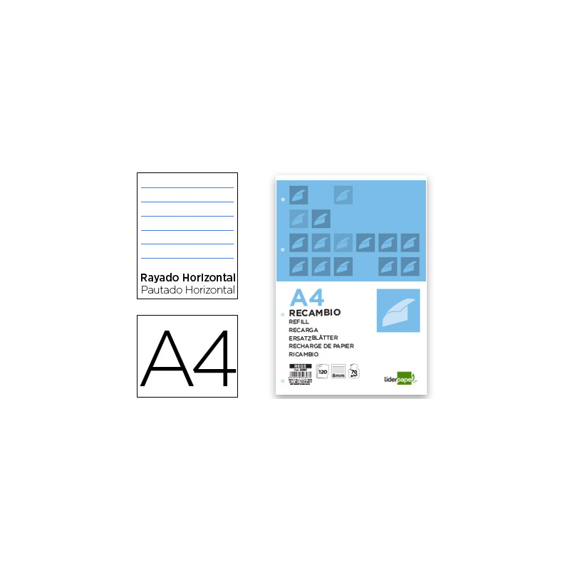 Recambio liderpapel a4 120 hojas 70gr horizontal sin ma rgen 4 taladros bandas de 5 colores