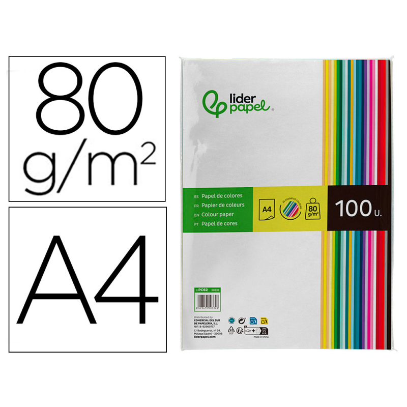 Papel color liderpapel a4 80gr 25 colores surtidos paquete de 100 hojas