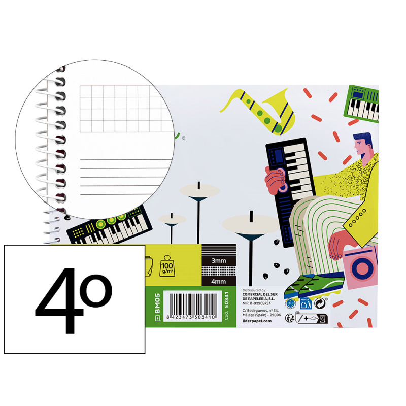Bloc musica liderpapel combi pentagrama 3mm mas cuadricula de 4mm para anotaciones cuarto20 hojas 100g/m2