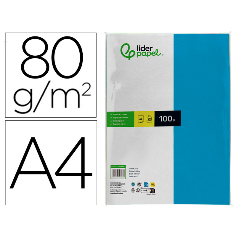 Papel color liderpapel a4 80gr azul turquesa paquete de 100 hojas