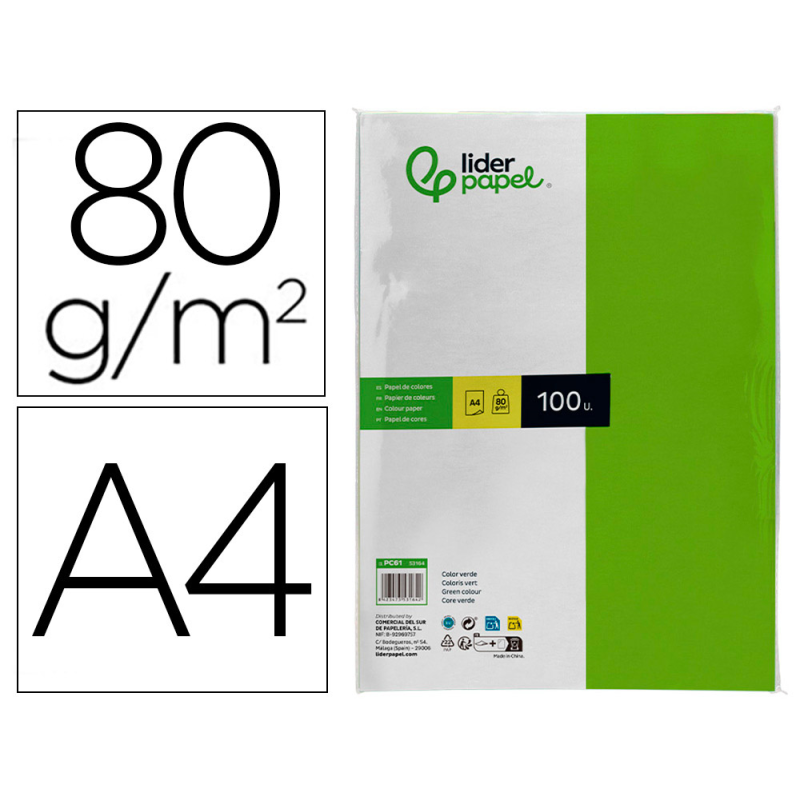 Papel color liderpapel a4 80gr verde intenso paquete de 100 hojas