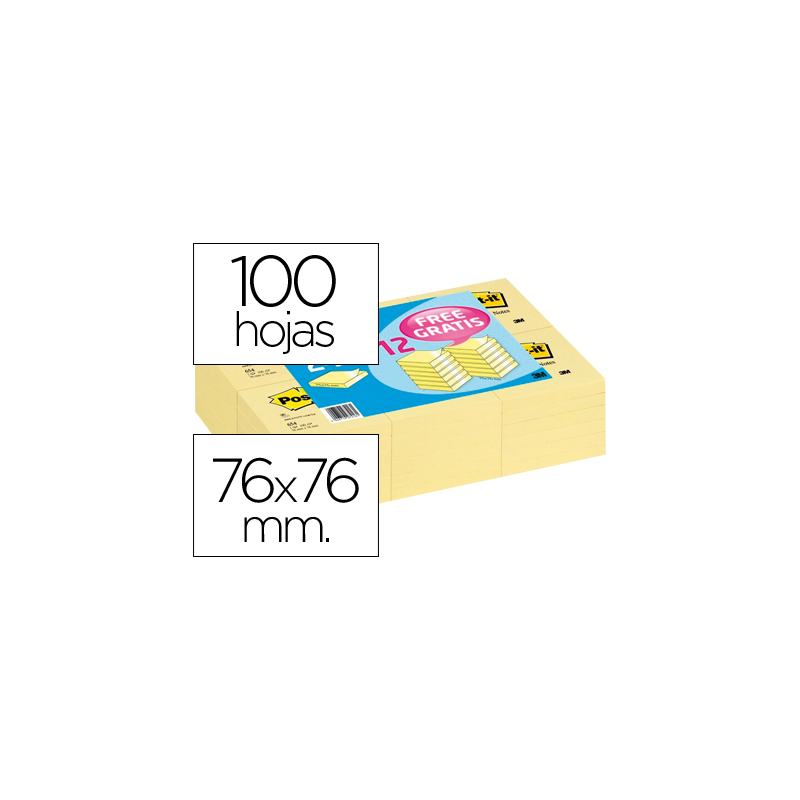 Bloc de notas adhesivas quita y pon post-it 76x76 mm pack promocional 24+12 unidades