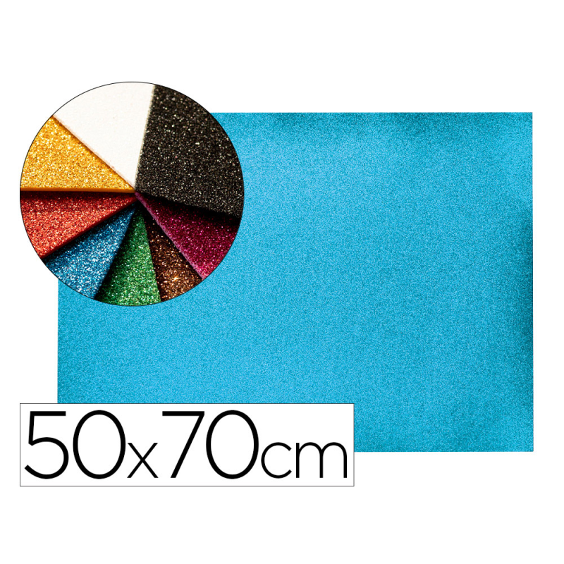 Goma eva con purpurina biodegradable liderpapel 50x70cm 60g/m2 espesor 2 mm azul claro