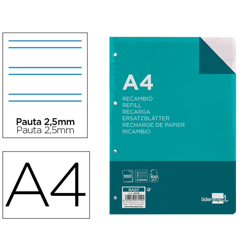 Recambio liderpapel a4 100 hojas 100gr pauta 5ª 2.5mm con margen 4 taladros