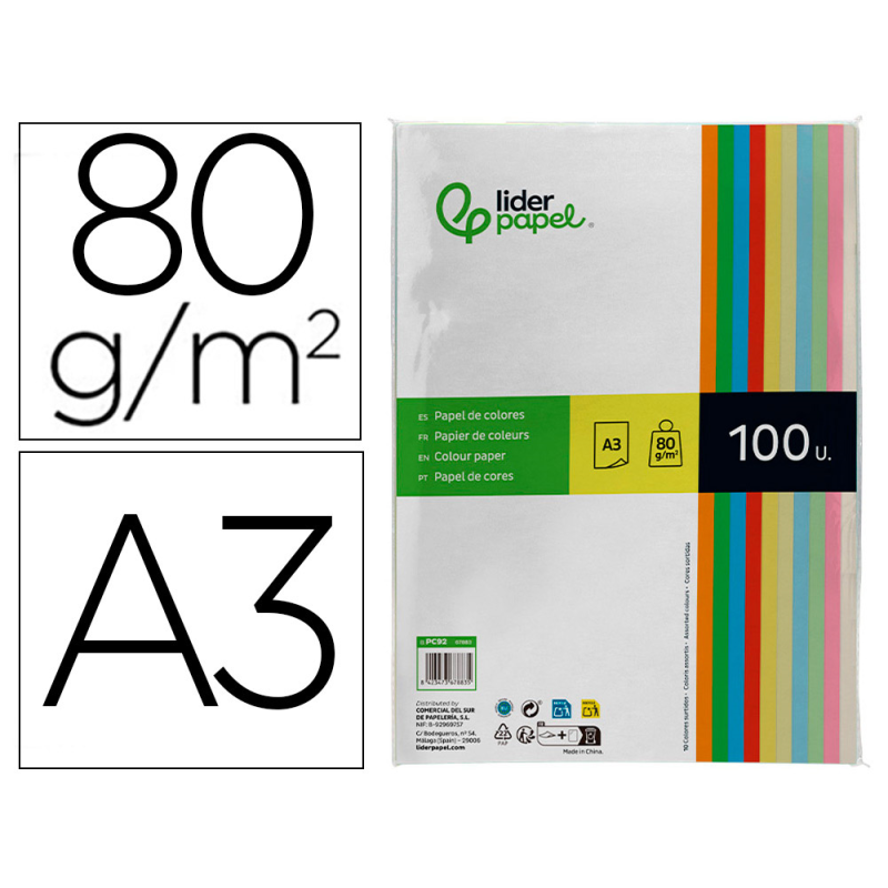 Papel color liderpapel a3 80gr 10 colores surtidos paquete 100 hojas