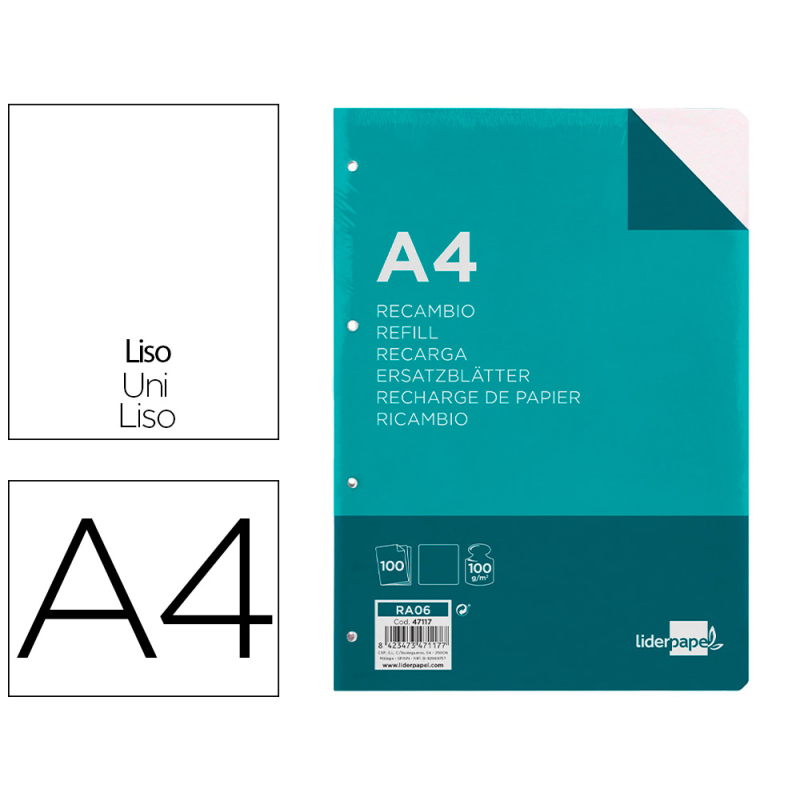 Recambio liderpapel a4 100 hojas 100gr liso sin margen 4 taladros