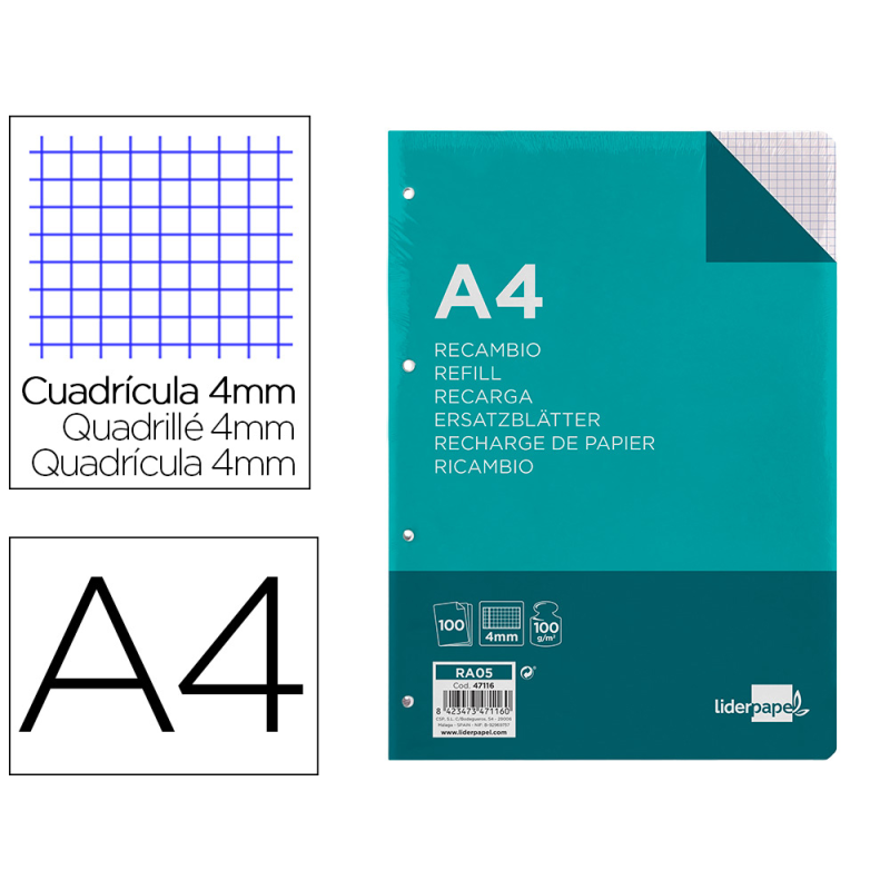 Recambio liderpapel a4 100 hojas 100gr cuadro 4mm con m argen 4 taladros