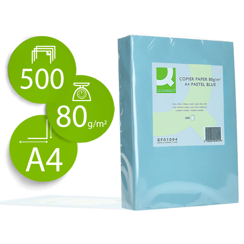 Papel color q-connect din a4 80gr celeste paquete de 500 hojas