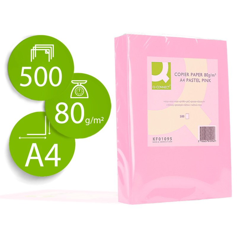 Papel color q-connect din a4 80 gr rosa paquete de 500 hojas