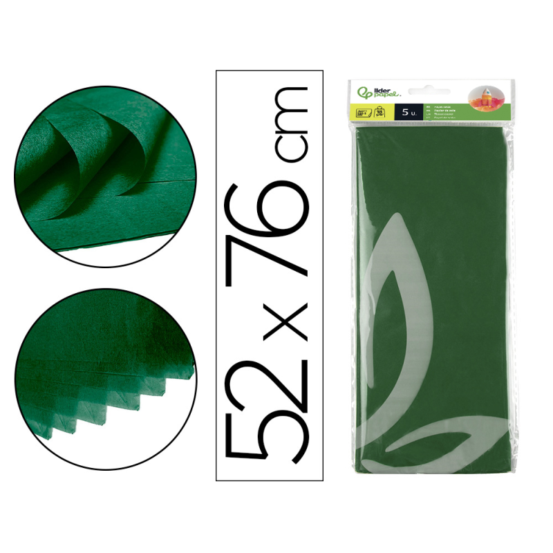 Papel seda liderpapel 52x76cm 18g/m2 bolsa de 5 hojas verde oscuro