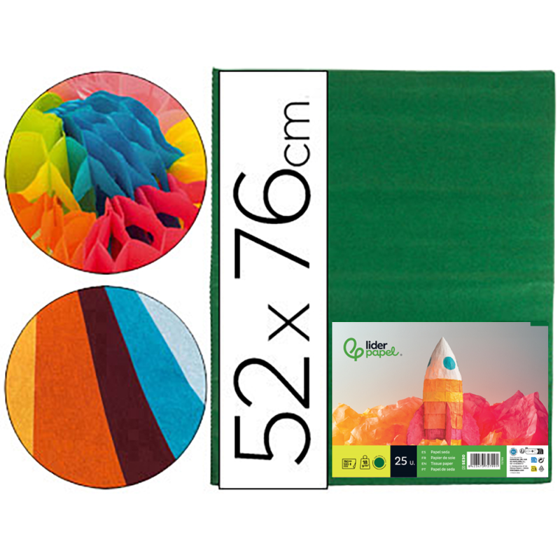 Papel seda liderpapel verde oscuro 52x76cm 18 gr/m2 paquete de 25 hojas