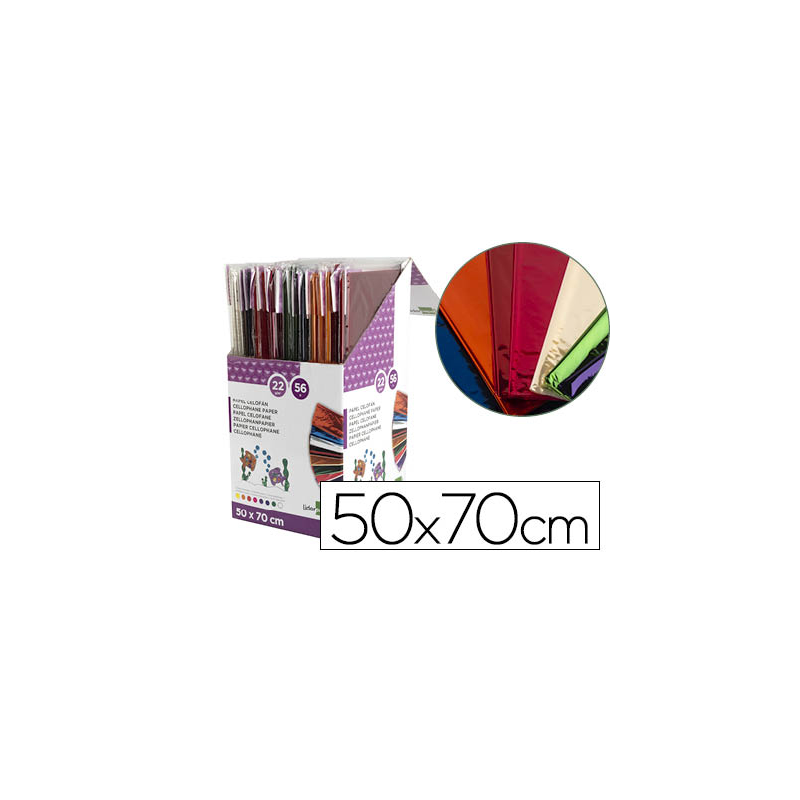 Papel celofan liderpapel 50x70 cm expositor de 56 bolsas de 5 hojas 8 colores surtidos