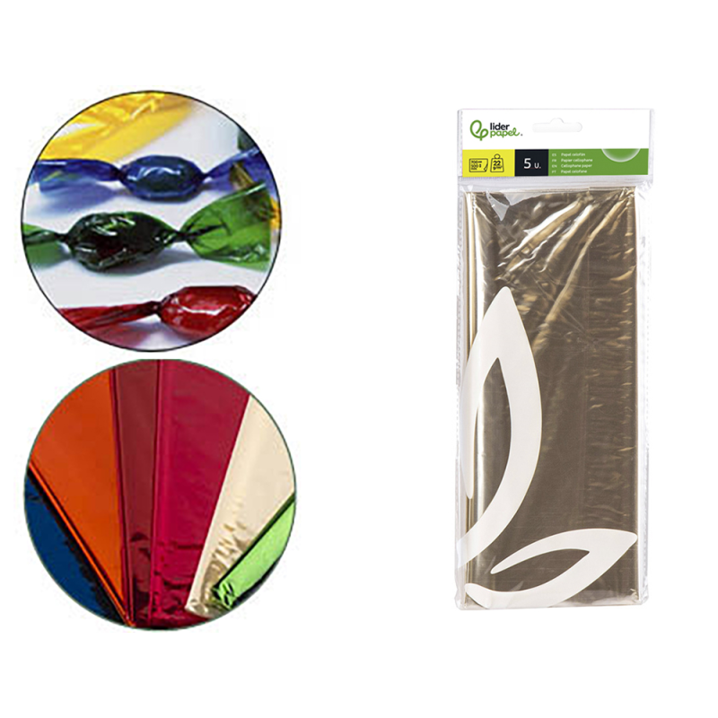 Papel celofan liderpapel 50x70 cm 22g/m2 bolsa de 5 hojas transparente